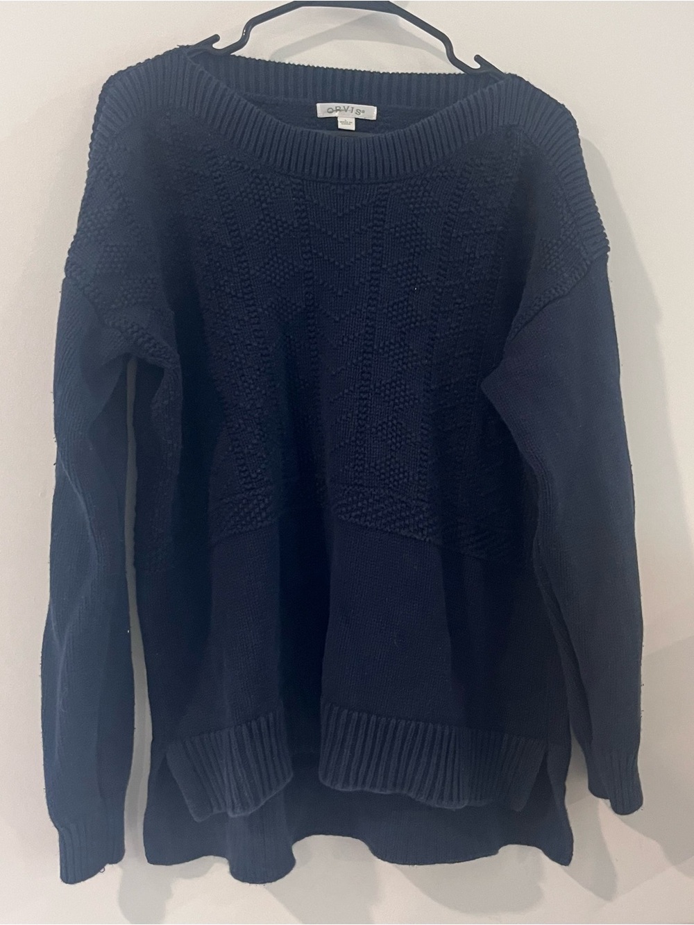 Orvis Women’s Navy Blue Heavy Knit Sweater Large Side Slits Baggy